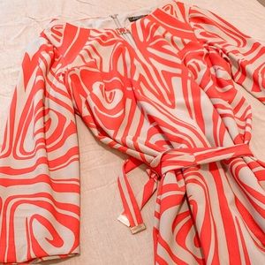 Red-orange & Taupe Long-sleeved Midi Dress